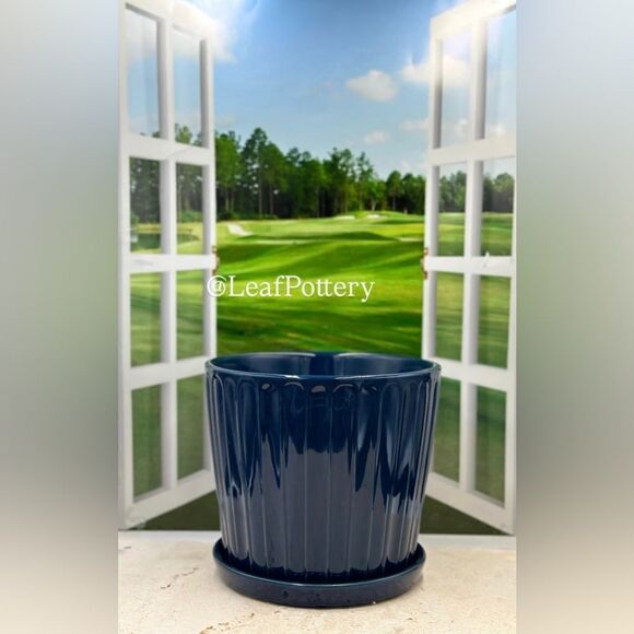 Pancho (LG) Blue Ceramic Planter Pot with Saucer Attached - Picture 2 of 9